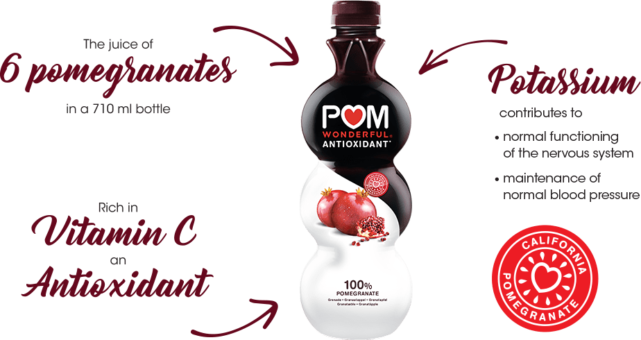 Pom juice with details; 6 pomegranates in a bottle, source of potassium, rich in vitamin C an Antioxidant